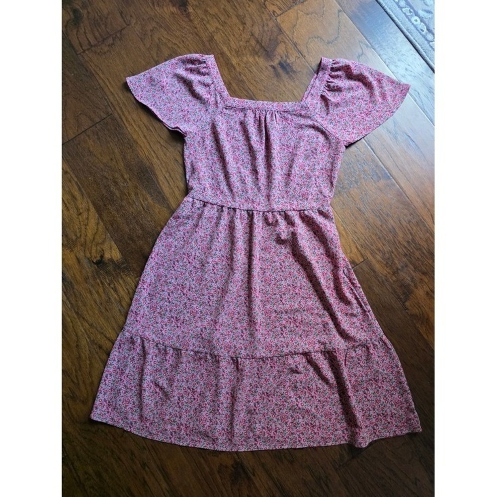 Monteau Los Angeles Pink Ditsy Floral Square Neck Tiered Mini Dress Size M